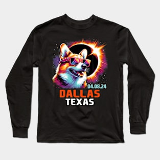 Dallas Texas Total Solar Eclipse 2024 Corgi Dog Long Sleeve T-Shirt